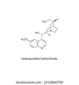 Hydroquinidine flat skeletal molecular structure Class I antiarrhythmic drug used in arrhythmia treatment. Vector illustration scientific diagram.