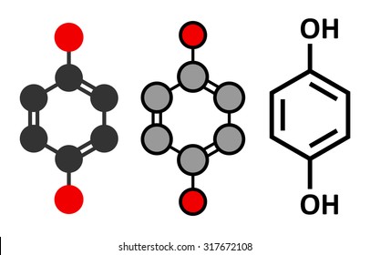 Hydroquinone reducing agent molecule. Used in development of photographic film. Stylized 2D renderings and conventional skeletal formula. 