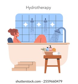 Hydrotherapy concept. Woman enjoys a relaxing bath with therapeutic elements, promoting health and wellness. Self-care routine in serene bathroom. Vector illustration.