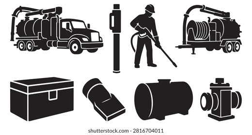 Hydrovac Truck Vector Silhouette Bundle - Hydro Excavation Suction Rig Icon Pack - Underground Utility Contractor Equipment Template Collection

If you want to create professional marketing layouts or branding assets for underground utility contractors and non-destructive digging services, this comprehensive collection of vacuum excavation vehicle silhouettes is the ideal setup for your portfolio. We have packed this extensive bundle with items that represent safe daylighting, slot trenching, and debris removal, featuring solid black vector shapes of hydrovac trucks, towable suction units, boom arms, high-pressure water wands, hose reels, vacuum pumps, and debris tanks. The layout also integrates essential job site accessories including utility shovels, crossed pipes, toolboxes, fire hydrants, water storage tanks, and operator silhouettes performing pressure washing.

Every single vehicle outline and hydrovac tool shape in this graphic compilation is carefully structured with sharp contours and flat solid configurations to ensure seamless scalability. It works beautifully as a high-converting template layout for digital creators and print shops looking to build clean trade logos, custom operator uniform shirts, vinyl decals for service vehicles, or commercial print on demand merchandise without dealing with messy node errors or overlapping paths.