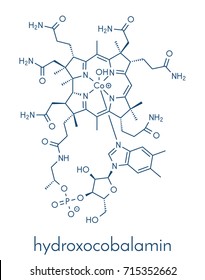 Hydroxocobalamin vitamin B12 molecule. Often given therapeutically in case of B12 deficiency. Skeletal formula.