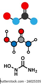 Hydroxycarbamide cancer drug molecule. Stylized 2D renderings and conventional skeletal formula. 