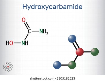 Hydroxycarbamid, Hydroxyharnstoff-Molekül. Es ist ein Antimetabolit-Medikament zur Behandlung der Sichelzellanämie Krise. Strukturelle chemische Formel, Molekül-Modell. Blatt Papier in einem Käfig. Vektorgrafik