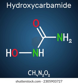 Hydroxycarbamid, Hydroxyharnstoff-Molekül. Es ist ein Antimetabolit-Medikament zur Behandlung der Sichelzellanämie Krise. Strukturelle chemische Formel auf dunkelblauem Hintergrund. Vektorgrafik