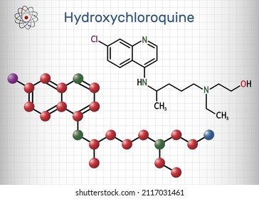 Hydroxychloroquine Molecule. It Is Antimalarial Medication Used To Treat Malaria, COVID-19, Rheumatoid Arthritis, Lupus Erythematosus. Sheet Of Paper In A Cage. Vector Illustration