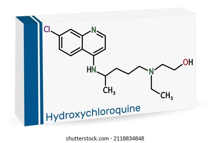 Hydroxychloroquine molecule. It is antimalarial medication used to treat malaria, COVID-19, rheumatoid arthritis, lupus erythematosus. Skeletal formula. Paper packaging for drugs. Vector illustration