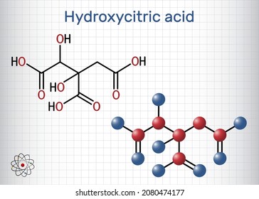 Hydroxycitric acid, HCA molecule. It is derivative of citric acid. Structural chemical formula, molecule model. Sheet of paper in a cage. Vector illustration