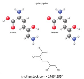 Hydroxylysine (Hyl) - chemical structural formula and models, amino acid, in vacuo, zwitterion, 2D and 3D illustration, balls and sticks, isolated on white background, vector, eps8