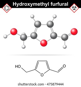 Hydroxymethylfurfural chemical structure and model, 2d and 3d vector illustration on white background, eps 8