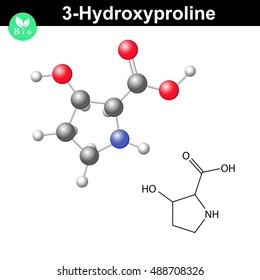 Hydroxyproline non essential heterocyclic amino acid, 3 hydroxyproline - main collagen compound, 2d and 3d vector illustration, isolated on white background, eps 8