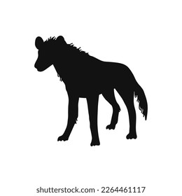 Hyena animal silhouette, flat vector illustration isolated on white background. Dangerous predator of African savannah. Black and white drawing of exotic animal.
