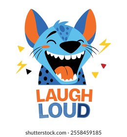 Hyena character with laugh loud text, flat sticker 
