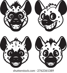 Hyena faces with wide smiles and spotted patterns funny cartoon animals