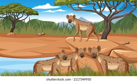 Hyena Group In Savanna Forest Illustration