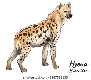 Hyena Hyaenidae illustration, a group of predatory animals, savanna animals. with a semi-realistic style and white background