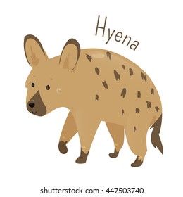 Hyena isolated. Hyenas or hyaenas. Feliform carnivoran mammals of the family Hyaenidae. Part of series of cartoon savannah animal species. Sticker for kids. Child fun pattern icon. Vector