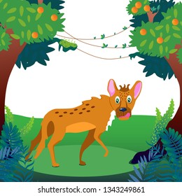 hyena in the jungle, vines, cartoon style vector illustration isolated on white background