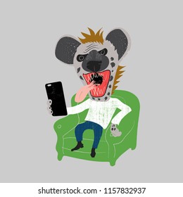 Hyena laughing at phone.