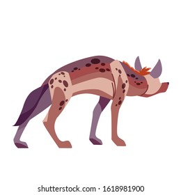 Hyena looks thoughtfully into the distance. View behind. Cartoon flat vector illustration on a white isolated background.