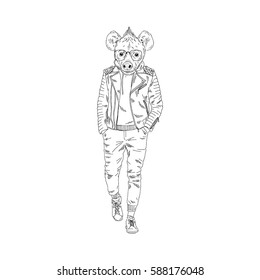 hyena man dressed up in modern urban style, furry art illustration, fashion animals