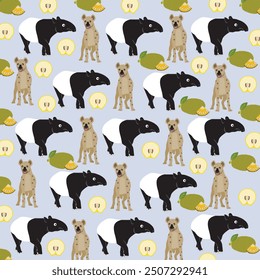 hyena, tapir with fruit as a pattern background