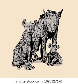 Hyena's family in gray tones. Hand drawn realistic illustrations isolated on background. Vector doodle design. 