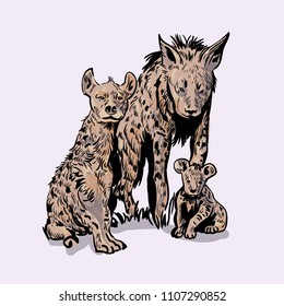 Hyena's family. Hand drawn realistic illustrations isolated on background. Vector doodle design.