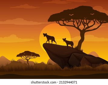 Hyenas silhouette at savanna forest illustration