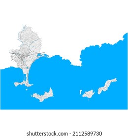 Hyeres, Var, France high resolution vector map with city boundaries and editable paths. White outlines for main roads. Many detailed paths. Blue shapes and lines for water.