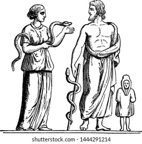 Hygea and Aesculapius vintage illustration. 