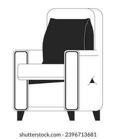 Sillón gigante tirando almohada blanco y negro de la línea 2D objeto de dibujos animados. Mobiliario de asiento elemento de contorno vectorial aislado contemporáneo. Cómodo cojín de mobiliario monocromático plano ilustración