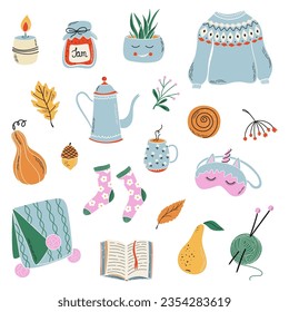 Hygge Autumn collection. Fall set for stickers, patterns and other design purposes. Hand drawn vector illustration.