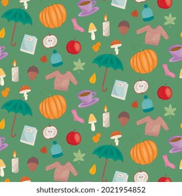 Hygge autumn cosy pattern, with nature, food and clothing motifs