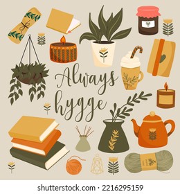 Hygge autumn elements set. Cute and cozy vector set. Illustration of scarves, mittens, coffee, winter forest foliage and stars.