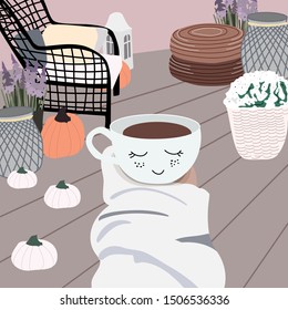 Hygge autumn illustration of happy person who surrounded by cozy trendy interior  and enjoy about.  Cute Scandinavian style. Flat vector for print, poster, banner, card