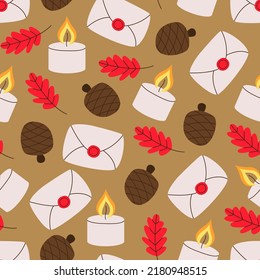 Hygge Autumn Seamless Pattern With Falling Leaves, Candles, Postcards, Envelopes, Cones. Cozy Fall Illustration. Hygge Coziness. For Wallpaper, Web, Greeting Cards, Fabric, Textile, Texture.