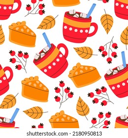 Hygge Autumn Seamless Pattern With Falling Leaf, Berries Of Rowan, Pumpkin Pie, Marshmallow Coffee. Rose Hips. Cozy Fall Illustration. For Wallpaper, Web, Greeting Cards, Fabric, Textile, Texture.