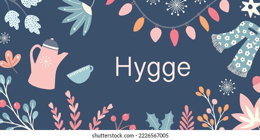 Hygge Autumn and winter illustration border design. Cute and cosy Fall vector symmetrical banner.