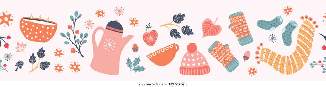 Hygge Autumn And Winter Pattern Border Design. Cute And Cosy Vector Seamless Repeat Banner. Illustration Of Scarfs, Mittens, Coffee, Winter Woodland Foliage And Stars. 