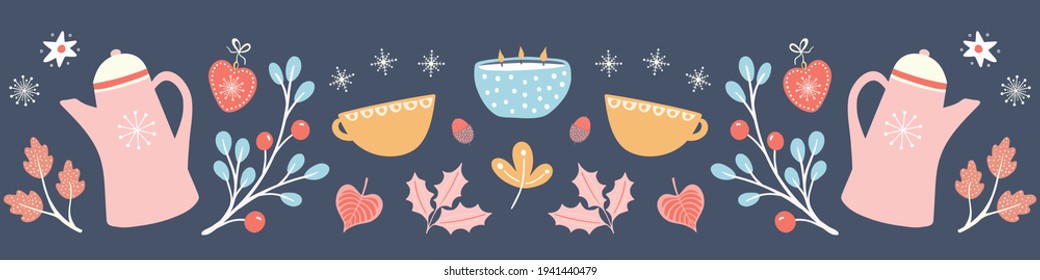 Hygge Autumn and winter pattern border illustration. Cute and cosy Fall banner design of coffee jug, foliage, candle and stars. 