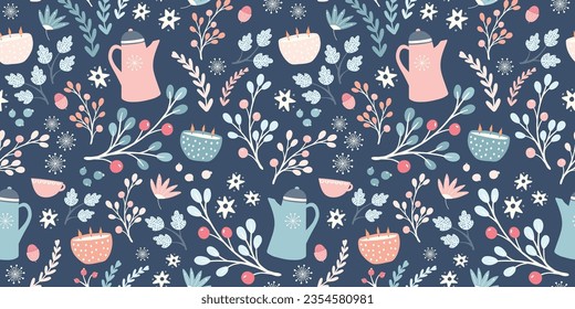 Hygge Autumn and winter pattern border design background. Cute and cosy vector seamless repeat banner. Illustration of scarfs, mittens, coffee, winter woodland foliage and stars. 