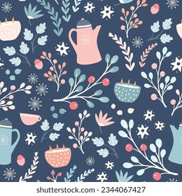 Hygge Autumn and winter pattern design. Cute and cosy vector seamless repeat resource. Illustration of scarfs, mittens, coffee, winter woodland foliage and stars. 