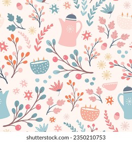 Hygge Autumn and winter pattern design. Cute and cosy vector seamless repeat resource. Illustration of scarfs, mittens, coffee, winter woodland foliage and stars. 