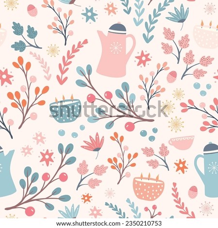 Hygge Autumn and winter pattern design. Cute and cosy vector seamless repeat resource. Illustration of scarfs, mittens, coffee, winter woodland foliage and stars. 