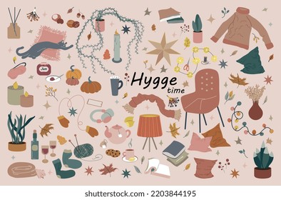 Hygge autumn and winter set vector illustration. Cozy and warm clip art collection in neutral scandinavian palette. Home decor and leasure time elements. All objects are isolated