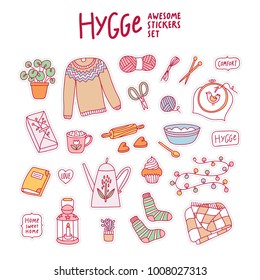 Hygge awesome stickers set, vector illustration