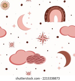 Hygge background. Hygge Autumn and winter pattern. Cute and cozy vector seamless pattern. Illustration of moon, clouds, rainbow and stars.