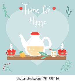 Hygge Background With Cozy Things And Elements. Danish Living Concept. Greeting Card Template.