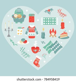 Hygge background with cozy things and elements. Danish living concept. Greeting card template.