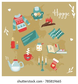 Hygge background with a lot of cute and cosy elements